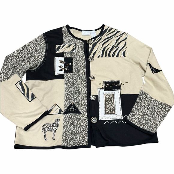 Koret Sweaters - 🦓 Vintage Koret K-Wear Animal Print Patchwork Cardigan Sweater 🐆 Tan & Black |